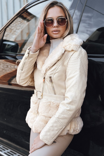 Damen Leder Ramones Jacke mit Pelz Creme Dstreet TY5275