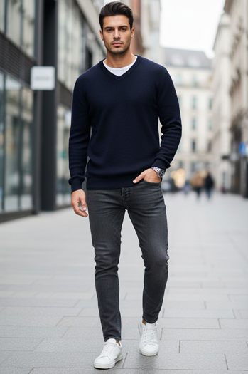 Marineblauer Herren Pullover mit Rundhalsausschnitt Dstreet WX2315