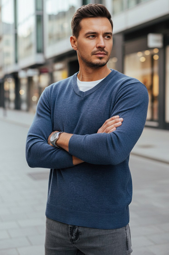 Blauer Herren Pullover mit V-Ausschnitt Dstreet WX2317