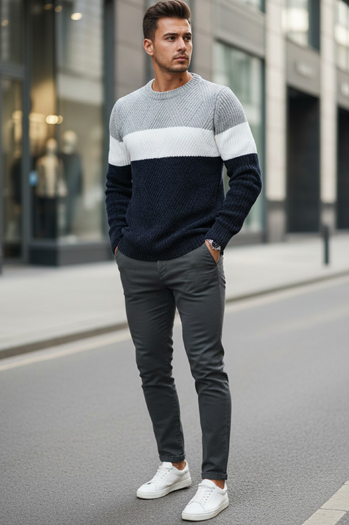 Herren Pullover mit Rundhalsausschnitt grau navy blau Dstreet WX2320