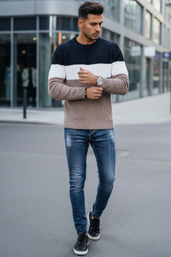 Herren Pullover mit Rundhalsausschnitt navy blau und beige Dstreet WX2321