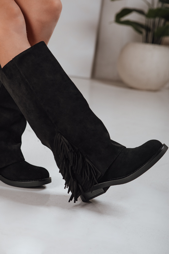 Damenstiefel aus Wildleder mit Fransen schwarz Dstreet ZY1268