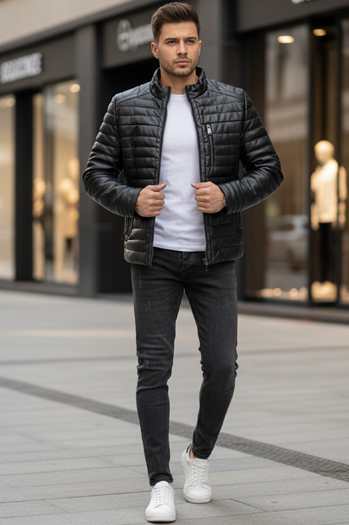 Herren gesteppte Winter Lederjacke schwarz Dstreet TX5113