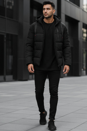 Herren Steppwinterjacke mit Kapuze schwarz Dstreet TX5117