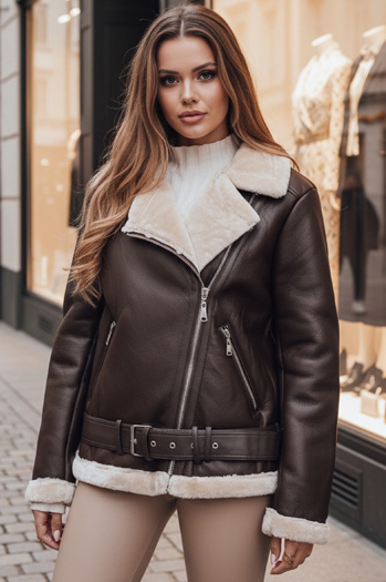 Damen NORFDIMA Lederjacke mit Schafsfell Mantel Kaffee Dstreet TY4736z