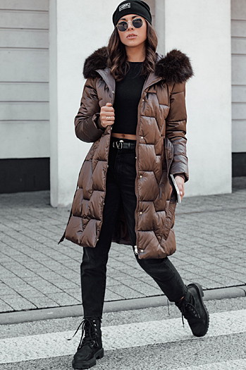 Damen STYLOWQ lange Steppjacke mit Kunstfell Kaffee Dstreet TY4630
