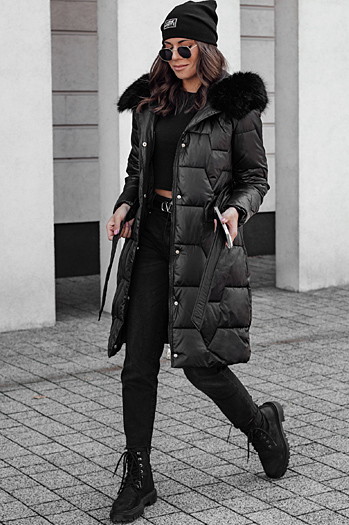 Damen STYLOWQ lange Steppjacke mit Kunstpelz schwarz Dstreet TY4631
