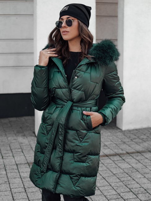 Damen STYLOWQ lange Steppjacke mit Fell dunkelgrün Dstreet TY4632