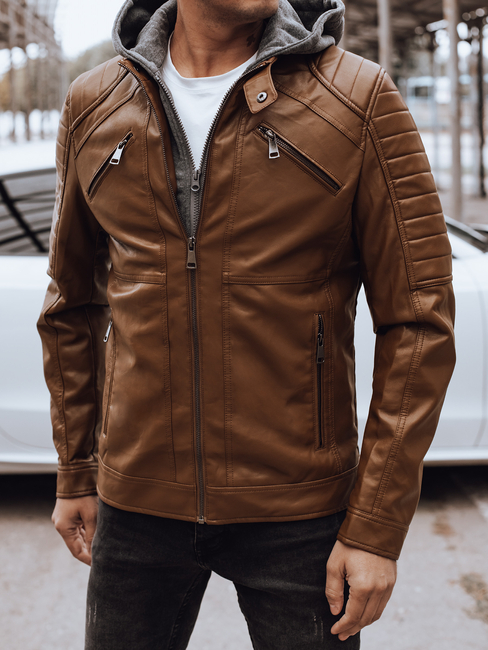 Herren Lederjacke mit Kapuze camel Dstreet TX4914