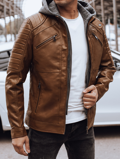 Herren Lederjacke mit Kapuze camel Dstreet TX4914