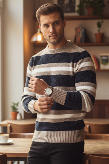 Gestreifter Marineblauer Herren-Pullover Dstreet WX2263