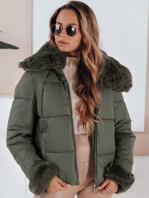 Kurze Damen Steppjacke mit Fell grün Dstreet TY5068