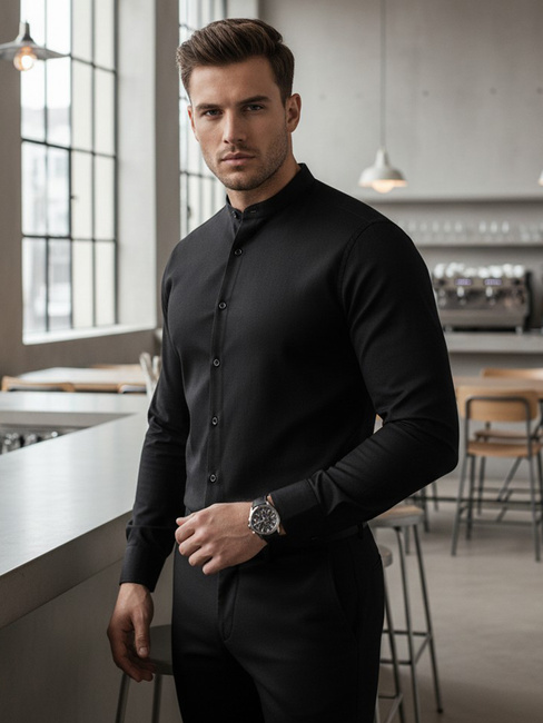 Lässiges schwarzes Herrenhemd mit Stehkragen Dstreet DX2597