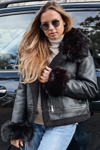 Damen Lederjacke mit Kunstpelz schwarz Dstreet TY5244