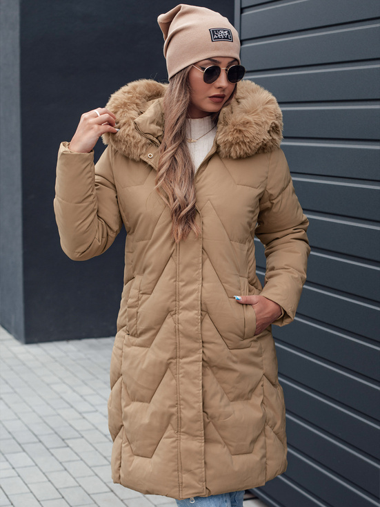 VEONI Frauen Winter lange Steppjacke mit Kapuze hellbeige Dstreet TY4718