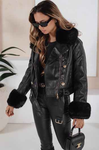 Damen Winter Lederjacke mit Kunstpelz schwarz Dstreet TY5209