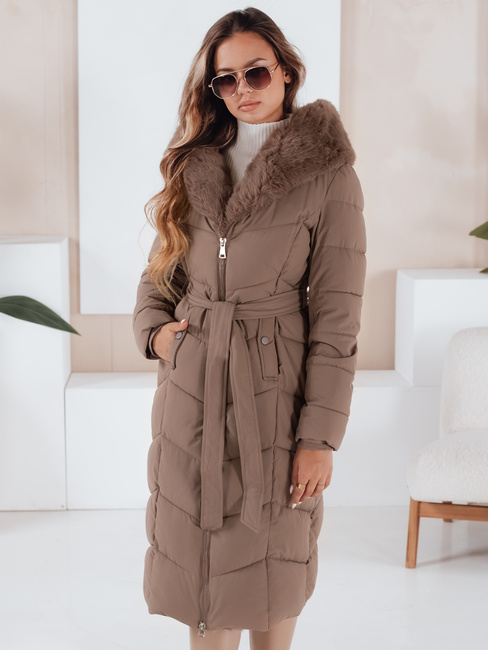 Lange Damen Winter Steppjacke mit Pelz dunkelbeige Dstreet TY5087