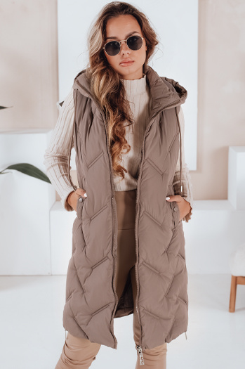 Lange Steppweste für Damen mit Kapuze dunkelbeige Dstreet TY5100