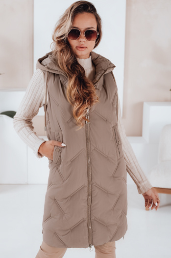 Lange gesteppte Damenweste mit Kapuze camel Dstreet TY5098