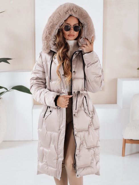 Damen Winter lange gesteppte Jacke mit Pelz beige Dstreet TY5075