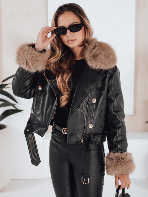Damen Winter Lederjacke mit Kunstpelz schwarz Dstreet TY5210