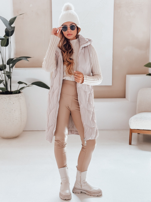 Lange Steppweste für Damen mit Kapuze beige Dstreet TY5099