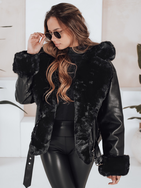 Damen Winterjacke Leder Ramoneskin mit Fell schwarz Dstreet TY5119