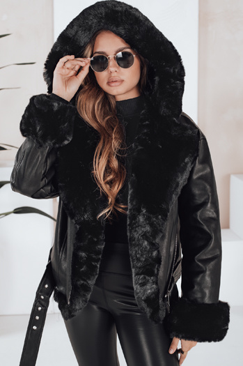 Damen Winterjacke Leder Ramoneskin mit Fell schwarz Dstreet TY5119