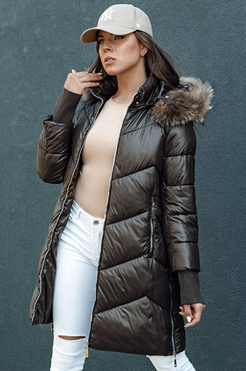 Gesteppte Damen-Kunstfell-Winterjacke mit Kapuze LAGOON mocha Dstreet TY4500