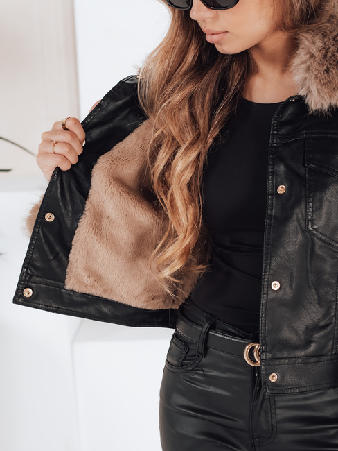 Damen Leder Ramones Jacke mit Pelz schwarz Dstreet TY5206