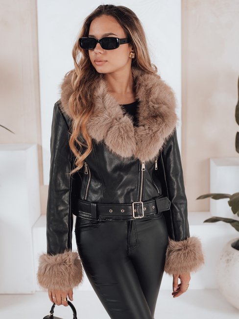 Damen Winter Lederjacke mit Kunstpelz schwarz Dstreet TY5213