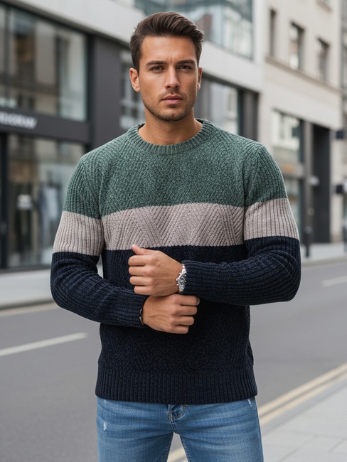 Herren Pullover mit Rundhalsausschnitt grün und navy blau Dstreet WX2319