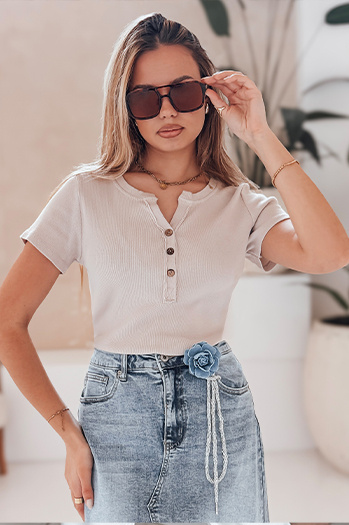 Damen Einheitsgröße gerippte Bluse KISS LOOK beige Dstreet RY2834