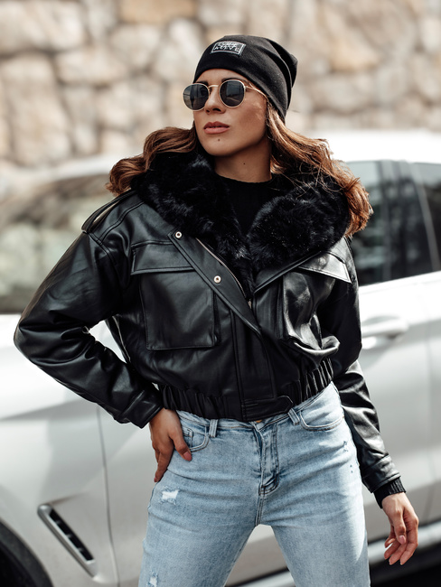 Damen Übergangsjacke MARLEN Leder mit Fell schwarz Dstreet TY4695