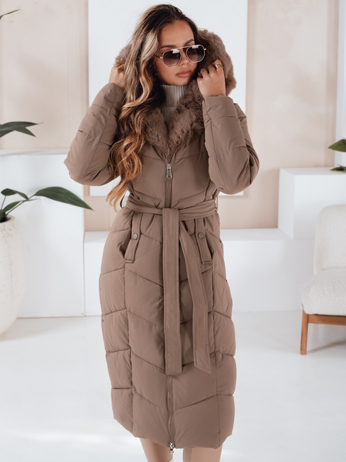 Lange Damen Winter Steppjacke mit Pelz dunkelbeige Dstreet TY5087