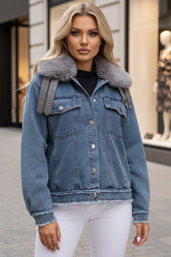 Damen FURDENIM Jeansjacke mit Fell hellblau Dstreet TY4755z