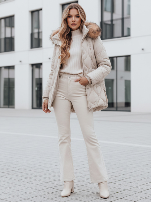Damen Winterjacke LUMORE gesteppt mit Kapuze hellbeige Dstreet TY5012