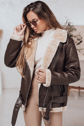 Damen NORFDIMA Lederjacke mit Schafsfell Mantel Kaffee Dstreet TY4736