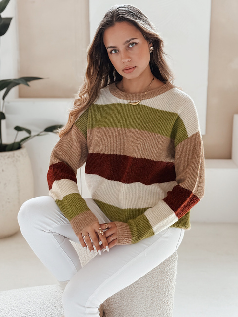 Gestreifter Damen-Pullover CALVENA camel grün Dstreet MY2559