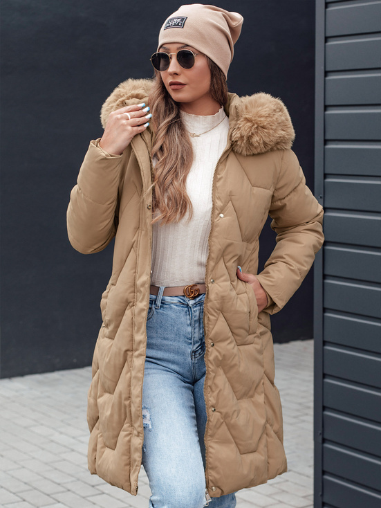 VEONI Frauen Winter lange Steppjacke mit Kapuze hellbeige Dstreet TY4718