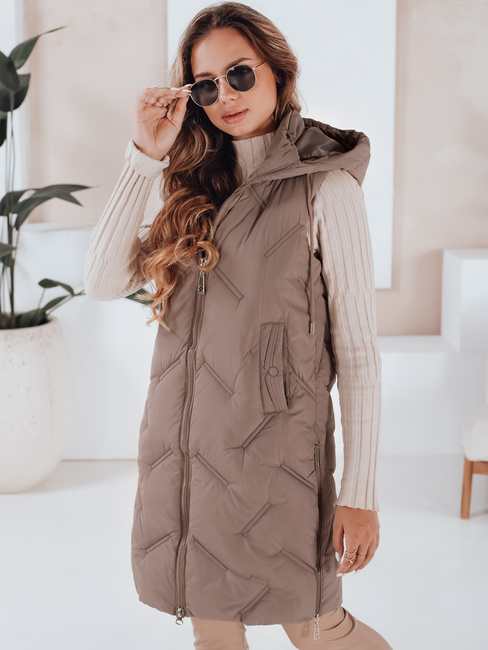 Lange Steppweste für Damen mit Kapuze dunkelbeige Dstreet TY5100