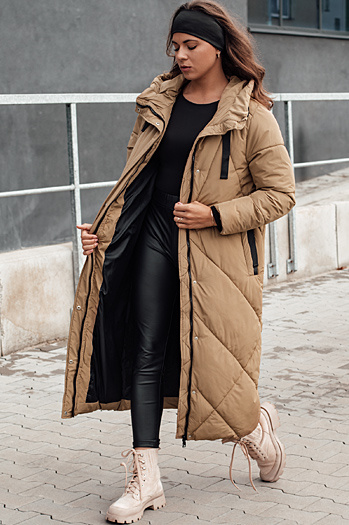 Lange Damen Winter Steppjacke mit Kapuze STREETFIT beige Dstreet TY4600