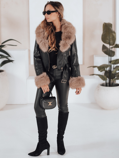 Damen Winter Lederjacke mit Kunstpelz schwarz Dstreet TY5213