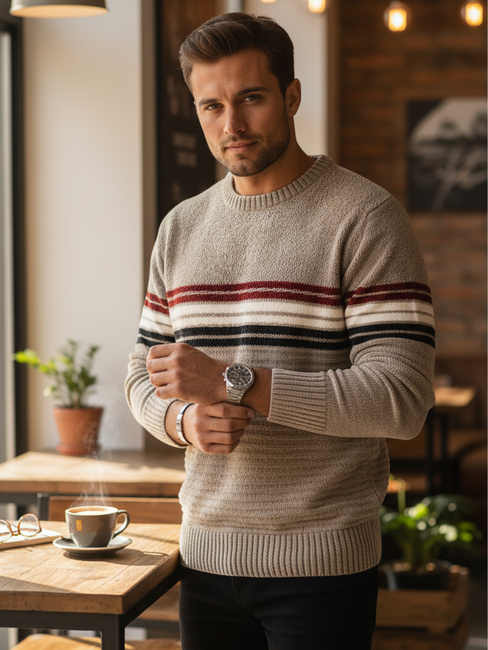 Gestreifter Herren-Pullover hellbraun Dstreet WX2282