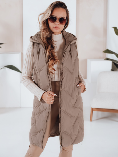 Lange gesteppte Damenweste mit Kapuze camel Dstreet TY5098