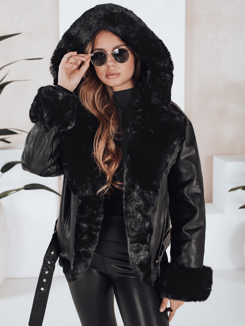 Damen Winterjacke Leder Ramoneskin mit Fell schwarz Dstreet TY5119