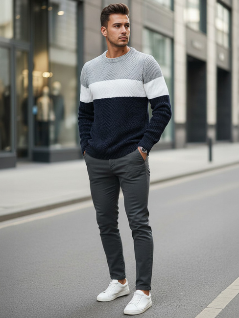 Herren Pullover mit Rundhalsausschnitt grau navy blau Dstreet WX2320