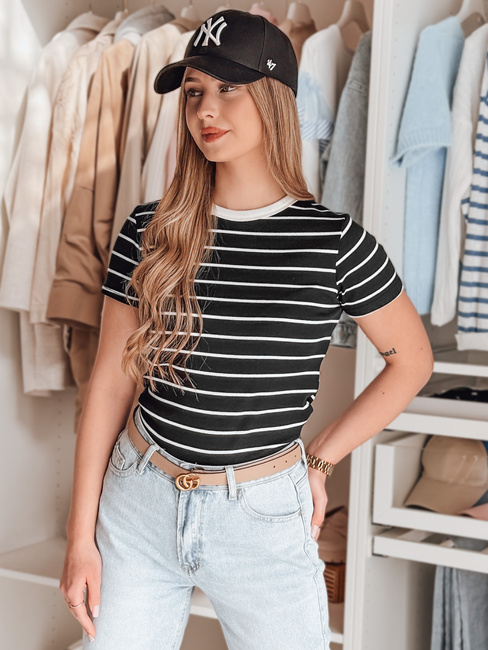 Damen Basic gestreiftes T-Shirt LINESS schwarz Dstreet RY2817