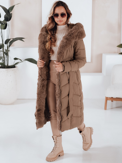 Damen Winter lange Steppjacke mit Pelz camel Dstreet TY5086