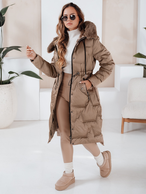 Damen Winter lange gesteppte Jacke mit Pelz camel Dstreet TY5073